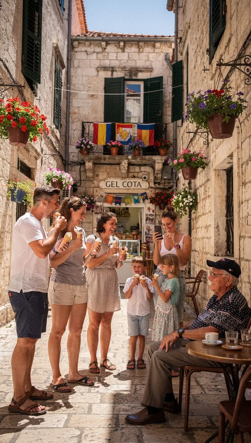 Autentični dalmatinski restoran s drvenim stolovima i lokalnim jelima poput pašticade i pršuta.